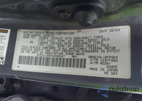 2004 Toyota 4Runner Sr5 V6 из США, поврежденный, VIN JTEZU14RX40040047